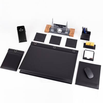 Siyah 11 Parça Düğmeli Sümen Takımı Kabartma Ahşap Ayaklı Masa İsimlik Lüks Masa İsimliği - 4