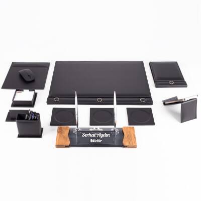 Siyah 11 Parça Düğmeli Sümen Takımı Kabartma Ahşap Ayaklı Masa İsimlik Lüks Masa İsimliği - 5