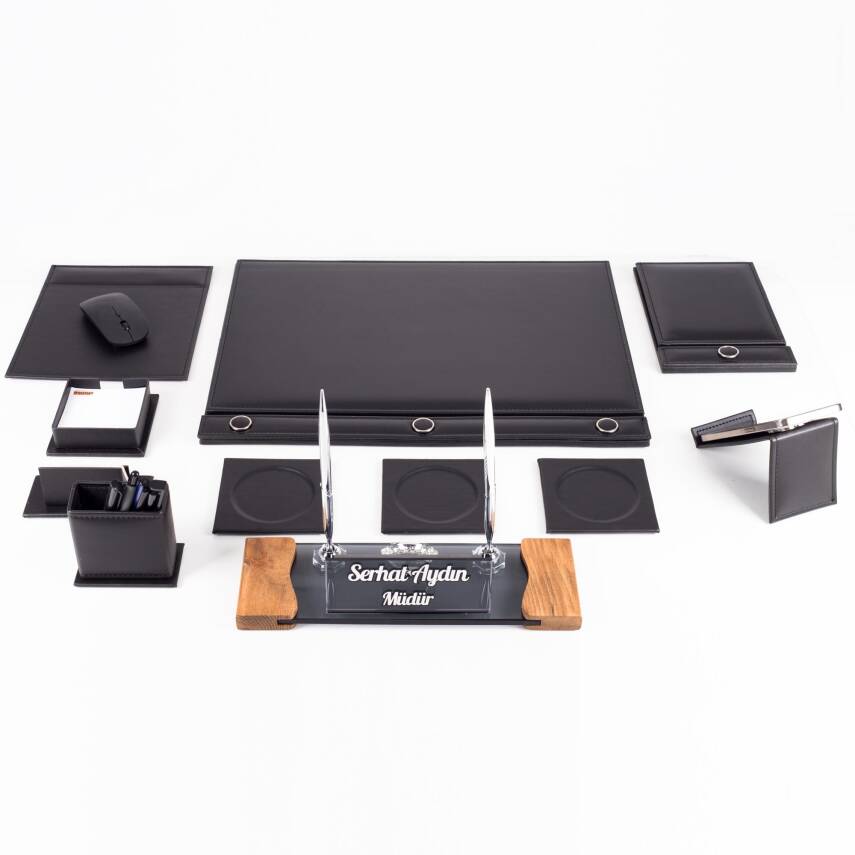 Siyah 11 Parça Düğmeli Sümen Takımı Kabartma Ahşap Ayaklı Masa İsimlik Lüks Masa İsimliği - 5