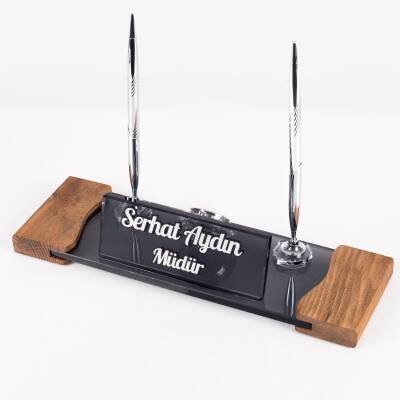 Siyah 11 Parça Düğmeli Sümen Takımı Kabartma Ahşap Ayaklı Masa İsimlik Lüks Masa İsimliği - 6