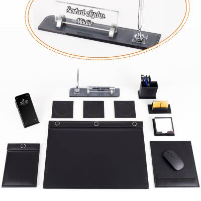 Siyah 11 Parça Düğmeli Sümen Takımı Kalemli Kristal Masa İsimlik Lüks Sümen Seti Ofis Masa İsimliği - Ofistike