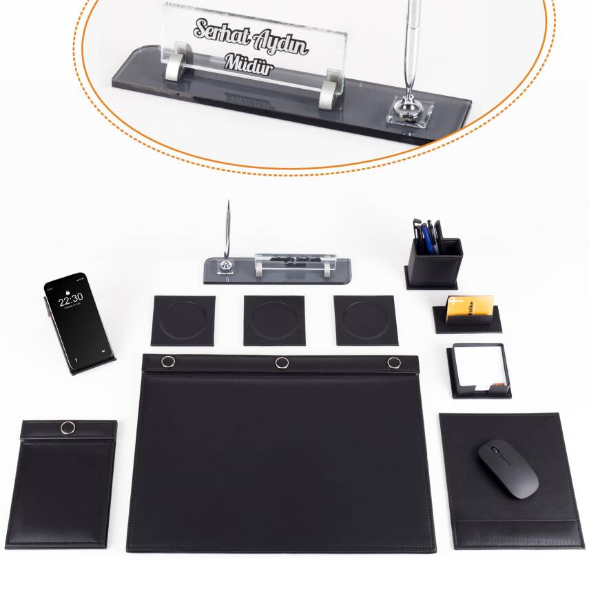 Siyah 11 Parça Düğmeli Sümen Takımı Kalemli Kristal Masa İsimlik Lüks Sümen Seti Ofis Masa İsimliği - 1