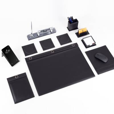 Siyah 11 Parça Düğmeli Sümen Takımı Kalemli Kristal Masa İsimlik Lüks Sümen Seti Ofis Masa İsimliği - 3