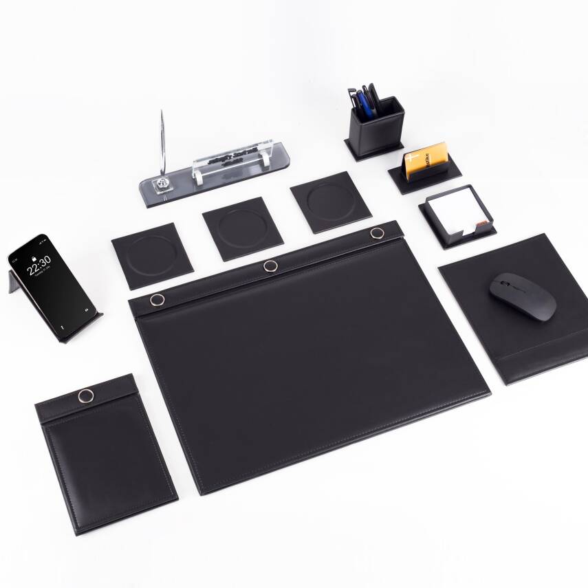 Siyah 11 Parça Düğmeli Sümen Takımı Kalemli Kristal Masa İsimlik Lüks Sümen Seti Ofis Masa İsimliği - 3