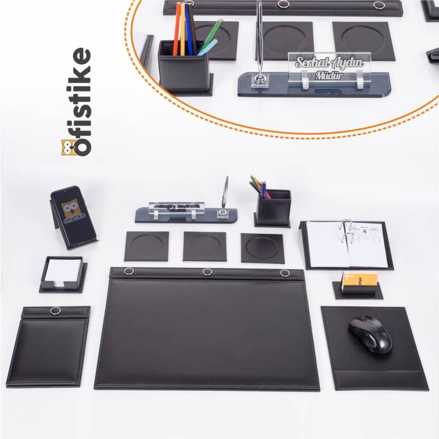 Siyah 10 Parça Düğmeli Sümen Takımı Kalemli Kristal Masa İsimlik Lüks Sümen Seti Ofis Masa İsimliği - 1