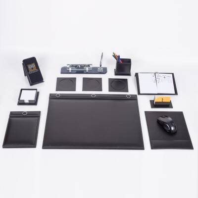 Siyah 10 Parça Düğmeli Sümen Takımı Kalemli Kristal Masa İsimlik Lüks Sümen Seti Ofis Masa İsimliği - 2