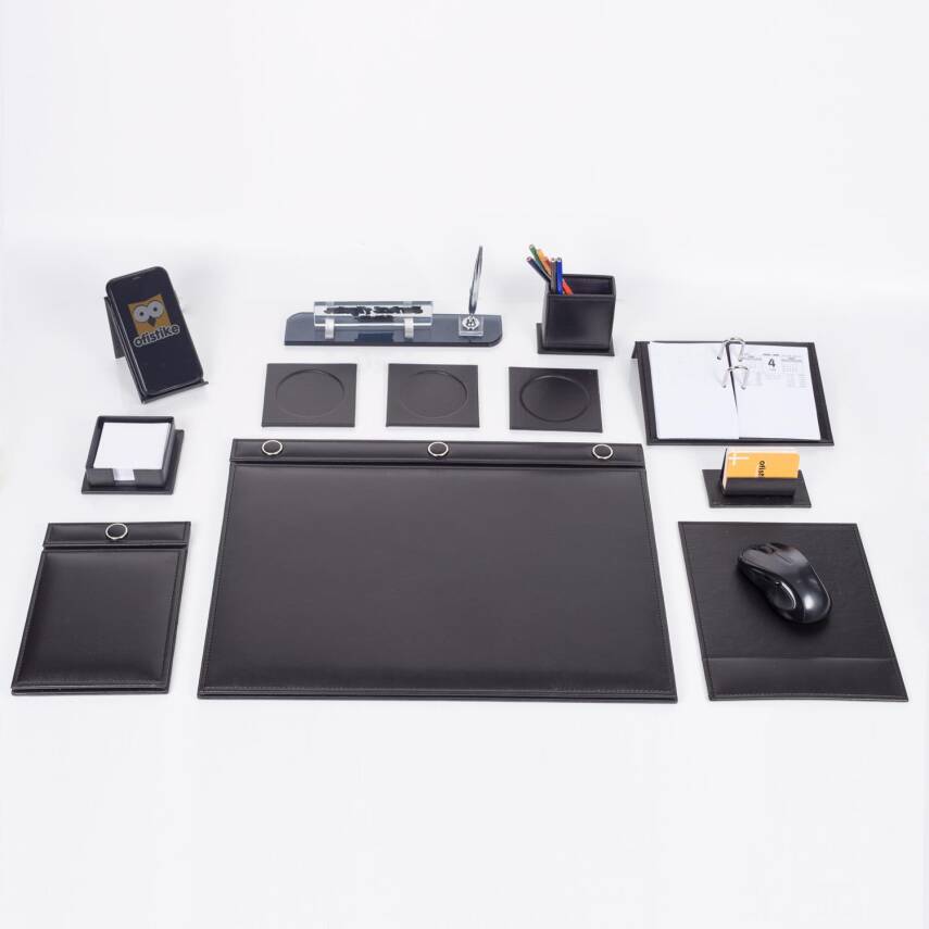 Siyah 10 Parça Düğmeli Sümen Takımı Kalemli Kristal Masa İsimlik Lüks Sümen Seti Ofis Masa İsimliği - 2