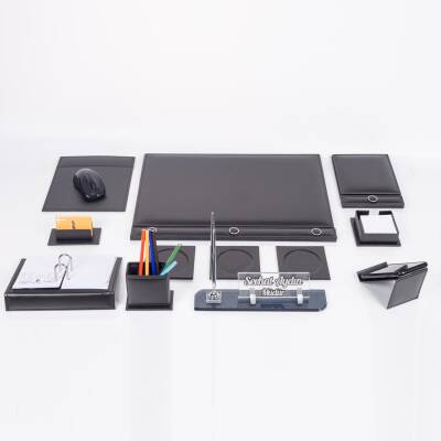 Siyah 10 Parça Düğmeli Sümen Takımı Kalemli Kristal Masa İsimlik Lüks Sümen Seti Ofis Masa İsimliği - 3