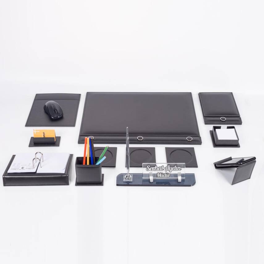 Siyah 10 Parça Düğmeli Sümen Takımı Kalemli Kristal Masa İsimlik Lüks Sümen Seti Ofis Masa İsimliği - 3