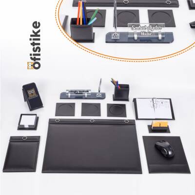 Siyah 10 Parça Düğmeli Sümen Takımı Kalemli Kristal Masa İsimlik Lüks Sümen Seti Ofis Masa İsimliği - Ofistike