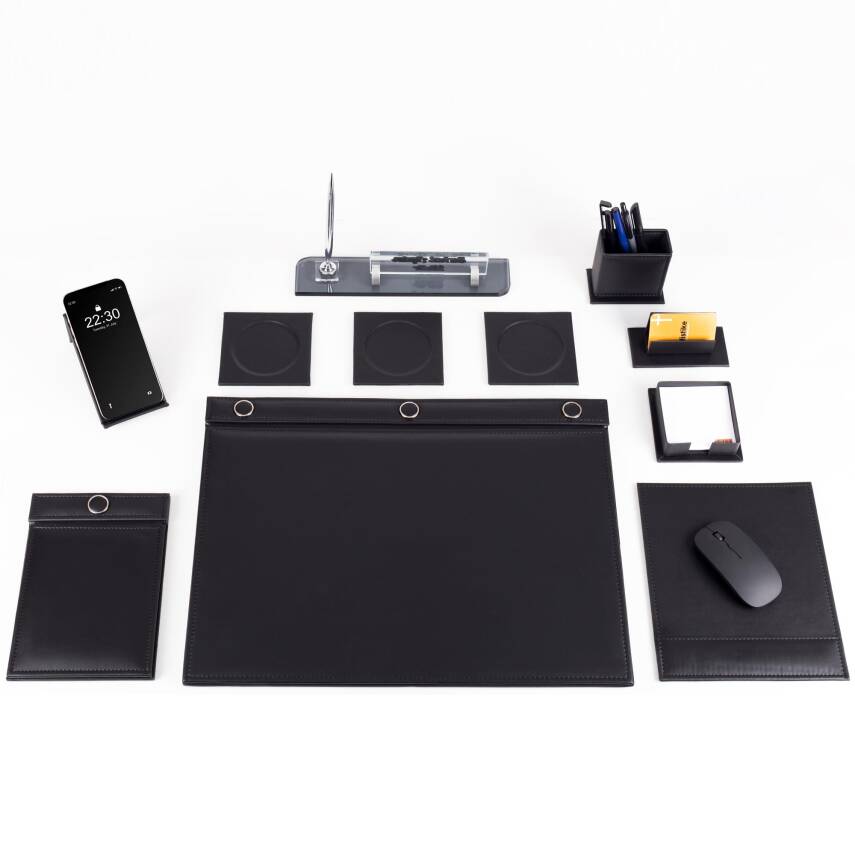 Siyah 11 Parça Düğmeli Sümen Takımı Kalemli Kristal Masa İsimlik Lüks Sümen Seti Ofis Masa İsimliği - 2