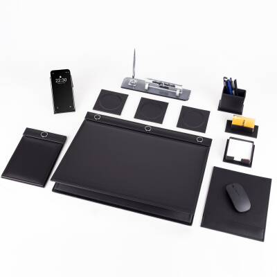 Siyah 11 Parça Düğmeli Sümen Takımı Kalemli Kristal Masa İsimlik Lüks Sümen Seti Ofis Masa İsimliği - 4