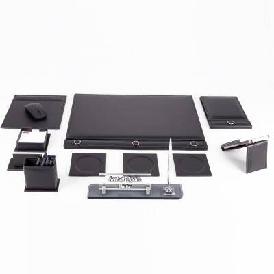 Siyah 11 Parça Düğmeli Sümen Takımı Kalemli Kristal Masa İsimlik Lüks Sümen Seti Ofis Masa İsimliği - 5