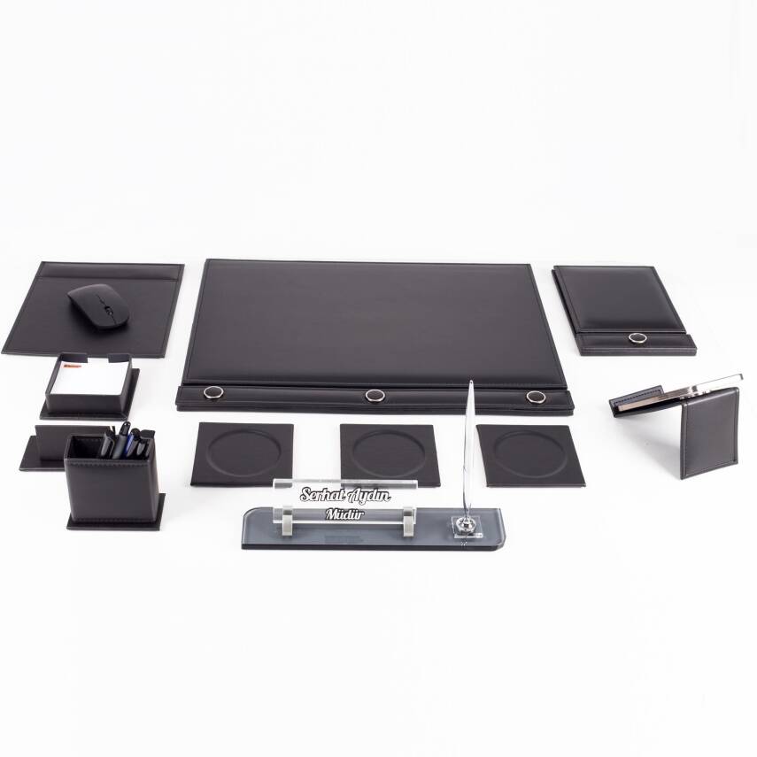Siyah 11 Parça Düğmeli Sümen Takımı Kalemli Kristal Masa İsimlik Lüks Sümen Seti Ofis Masa İsimliği - 5