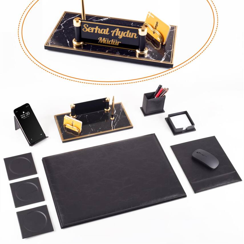 Siyah Deri Sümen Seti Ahşap Masa İsimliği Sümen Takımı Ekonomik Kaliteli Masa Sümeni Ahşap İsimlik - 1