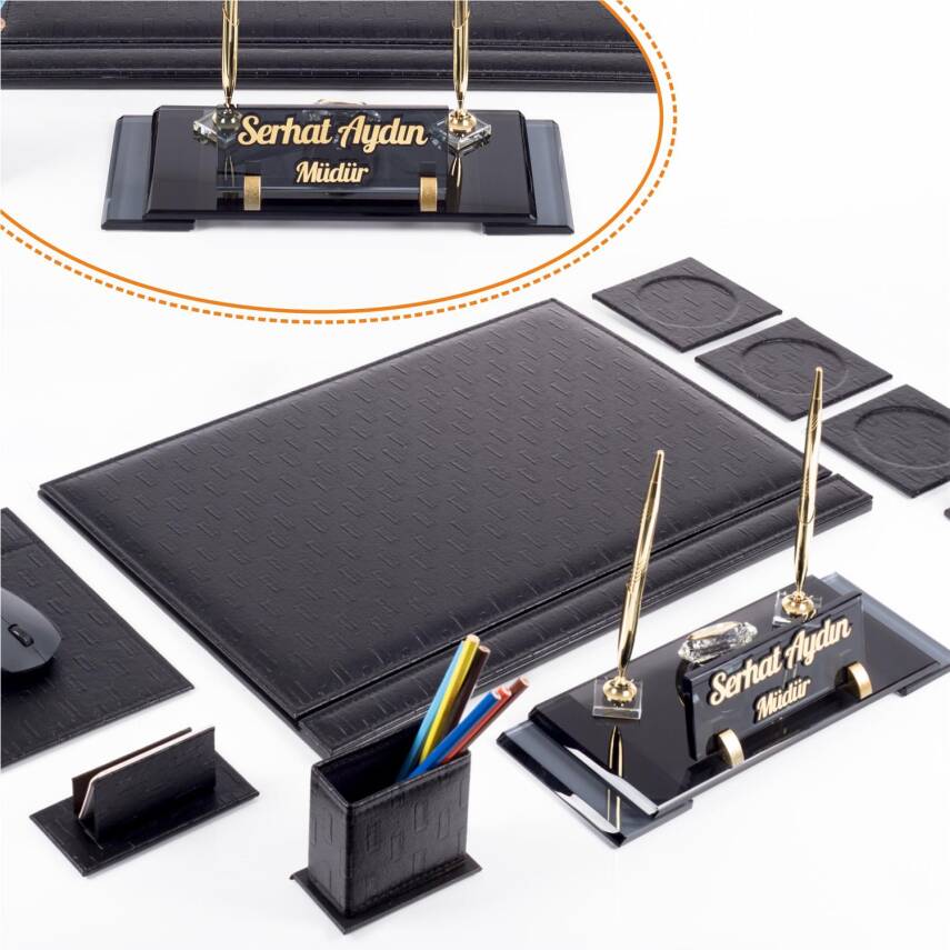 Siyah Hasır Sümen Takımı Elit Kristal Masa İsimliği Lüks Ofis Sümen Seti ve Masa İsimlik - 1