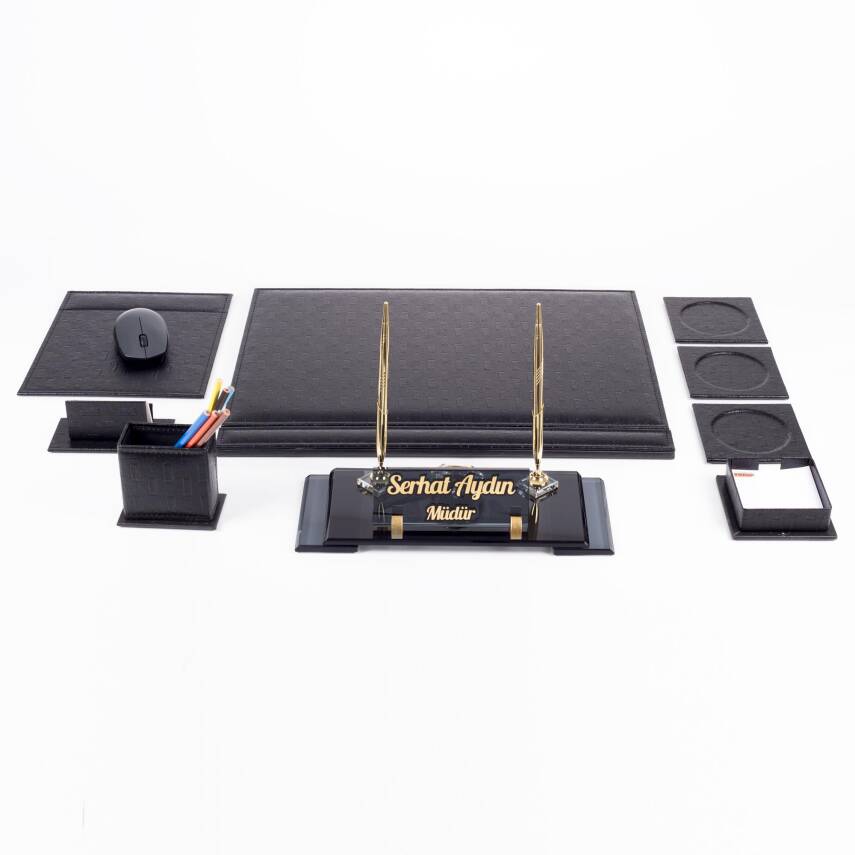 Siyah Hasır Sümen Takımı Elit Kristal Masa İsimliği Lüks Ofis Sümen Seti ve Masa İsimlik - 4