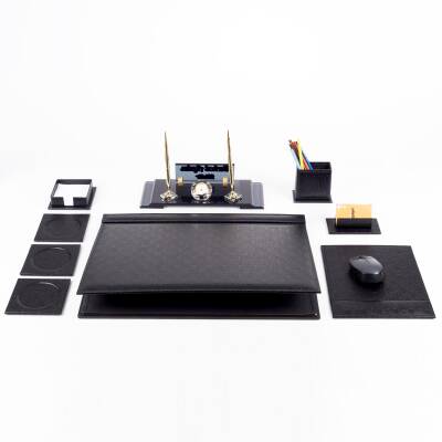 Siyah Hasır Sümen Takımı Elit Kristal Masa İsimliği Lüks Ofis Sümen Seti ve Masa İsimlik - 5