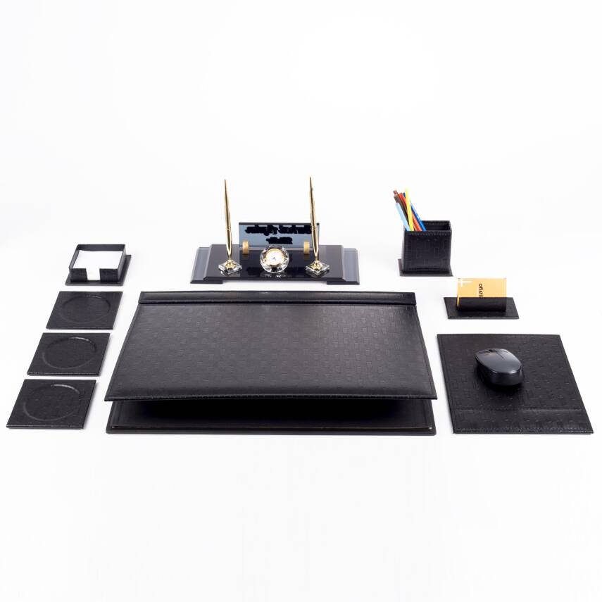 Siyah Hasır Sümen Takımı Elit Kristal Masa İsimliği Lüks Ofis Sümen Seti ve Masa İsimlik - 5