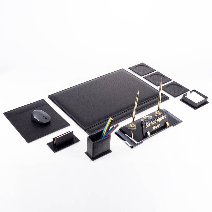 Siyah Hasır Sümen Takımı Elit Kristal Masa İsimliği Lüks Ofis Sümen Seti ve Masa İsimlik - 3