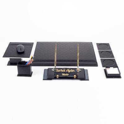Siyah Hasır Sümen Takımı Elit Kristal Masa İsimliği Lüks Ofis Sümen Seti ve Masa İsimlik - 4