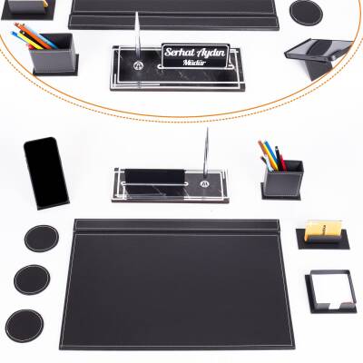Sky Gümüş Siyah Sümen Takımı ve Mermer Desenli Ahşap Masa İsimliği Ofis Hediyesi Masa İsimlik Seti - 1