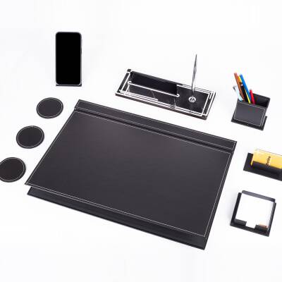 Sky Gümüş Siyah Sümen Takımı ve Mermer Desenli Ahşap Masa İsimliği Ofis Hediyesi Masa İsimlik Seti - 4