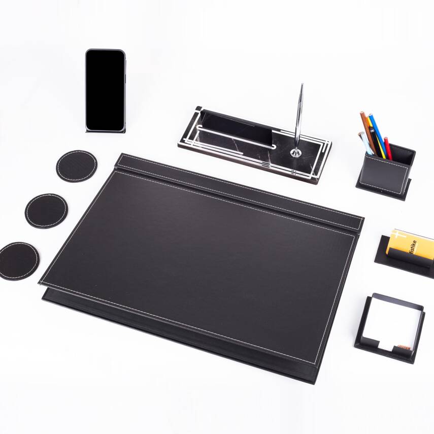 Sky Gümüş Siyah Sümen Takımı ve Mermer Desenli Ahşap Masa İsimliği Ofis Hediyesi Masa İsimlik Seti - 4