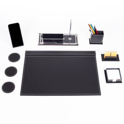 Sky Gümüş Siyah Sümen Takımı ve Mermer Desenli Ahşap Masa İsimliği Ofis Hediyesi Masa İsimlik Seti - 2