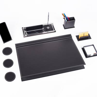 Sky Gümüş Siyah Sümen Takımı ve Mermer Desenli Ahşap Masa İsimliği Ofis Hediyesi Masa İsimlik Seti - 3