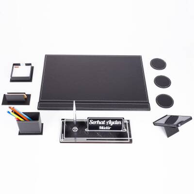 Sky Gümüş Siyah Sümen Takımı ve Mermer Desenli Ahşap Masa İsimliği Ofis Hediyesi Masa İsimlik Seti - 5