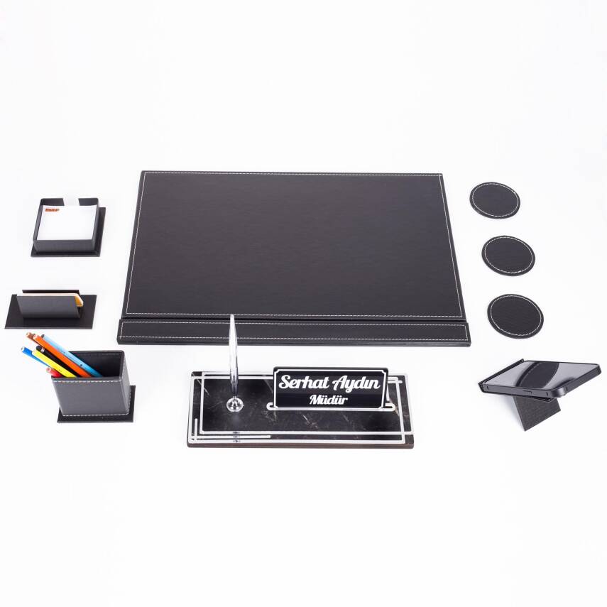 Sky Gümüş Siyah Sümen Takımı ve Mermer Desenli Ahşap Masa İsimliği Ofis Hediyesi Masa İsimlik Seti - 5