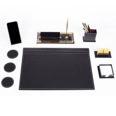 Sky Siyah Sümen Takımı Gold Renk Mermer Desenli Ahşap Masa İsimliği Ofis Hediyesi Masa İsimlik Seti - 2