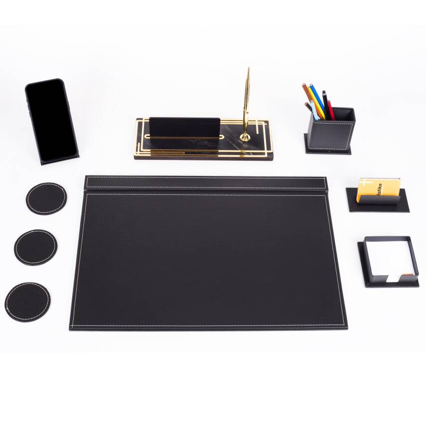 Sky Siyah Sümen Takımı Gold Renk Mermer Desenli Ahşap Masa İsimliği Ofis Hediyesi Masa İsimlik Seti - 2