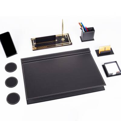 Sky Siyah Sümen Takımı Gold Renk Mermer Desenli Ahşap Masa İsimliği Ofis Hediyesi Masa İsimlik Seti - 3