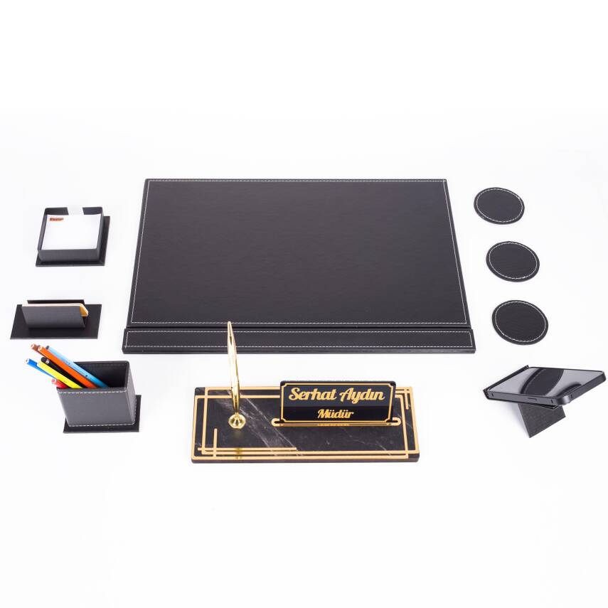 Sky Siyah Sümen Takımı Gold Renk Mermer Desenli Ahşap Masa İsimliği Ofis Hediyesi Masa İsimlik Seti - 5