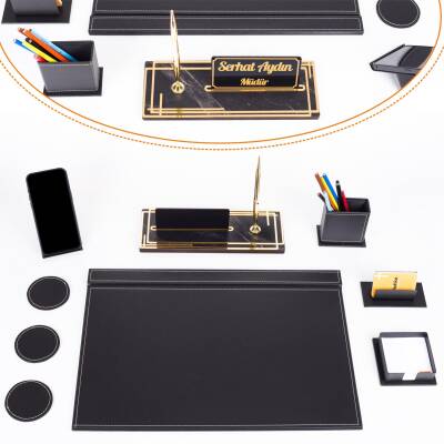 Sky Siyah Sümen Takımı Gold Renk Mermer Desenli Ahşap Masa İsimliği Ofis Hediyesi Masa İsimlik Seti 