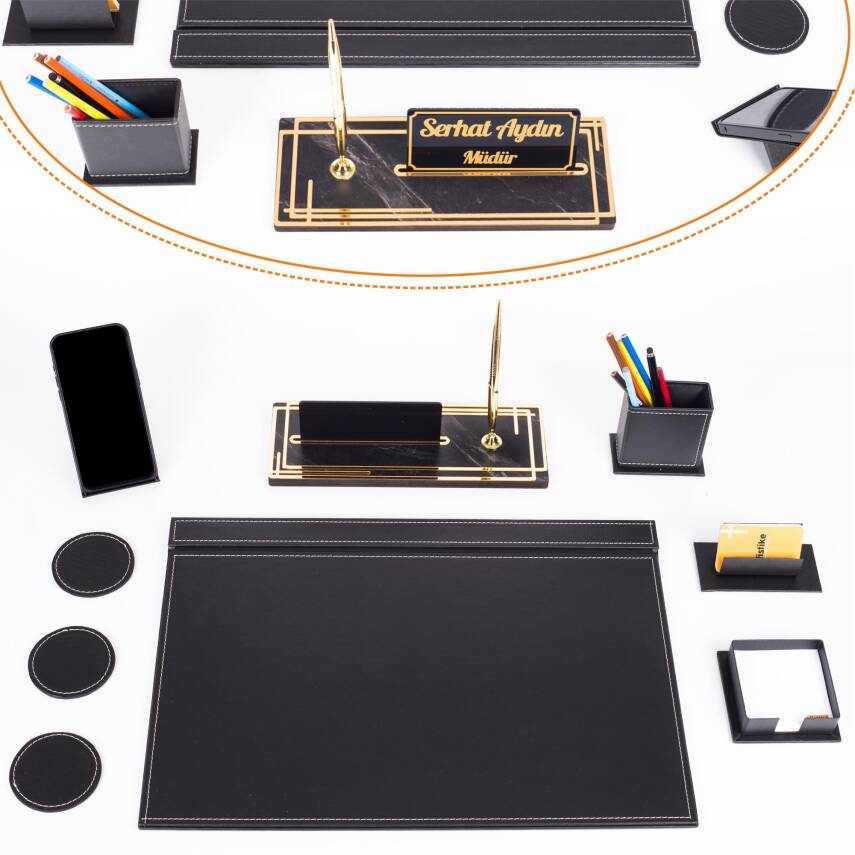 Sky Siyah Sümen Takımı Gold Renk Mermer Desenli Ahşap Masa İsimliği Ofis Hediyesi Masa İsimlik Seti - 1