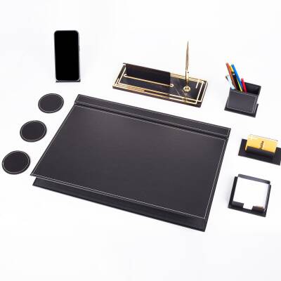 Sky Siyah Sümen Takımı Gold Renk Mermer Desenli Ahşap Masa İsimliği Ofis Hediyesi Masa İsimlik Seti - 4