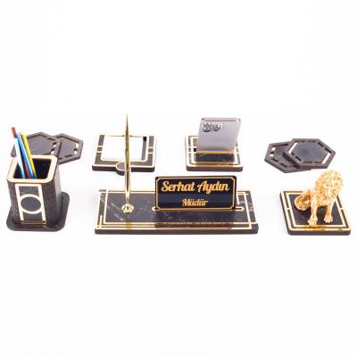 Space+ Aslan Biblolu Gold Ahşap Masa İsimliği Seti Mermer Desen Ofis Hediye Masaüstü İsimlik Takımı - 4