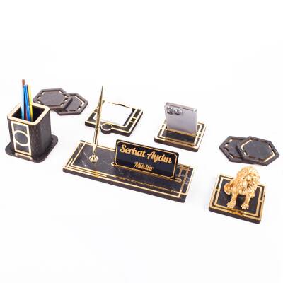 Space+ Aslan Biblolu Gold Ahşap Masa İsimliği Seti Mermer Desen Ofis Hediye Masaüstü İsimlik Takımı - 2