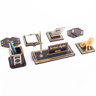 Space+ Aslan Biblolu Gold Ahşap Masa İsimliği Seti Mermer Desen Ofis Hediye Masaüstü İsimlik Takımı - Ofistike