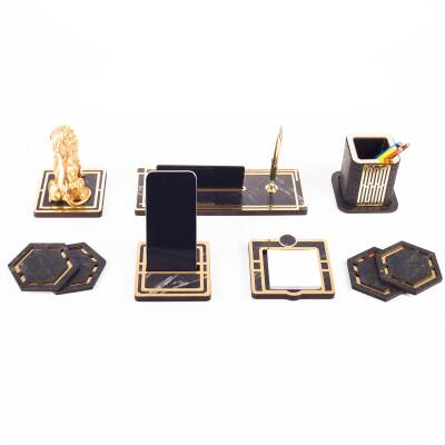 Space+ Aslan Biblolu Gold Ahşap Masa İsimliği Seti Mermer Desen Ofis Hediye Masaüstü İsimlik Takımı - 3