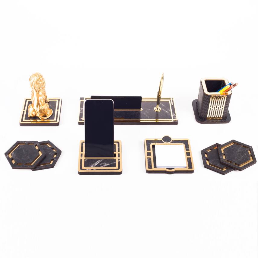 Space+ Aslan Biblolu Gold Ahşap Masa İsimliği Seti Mermer Desen Ofis Hediye Masaüstü İsimlik Takımı - 3