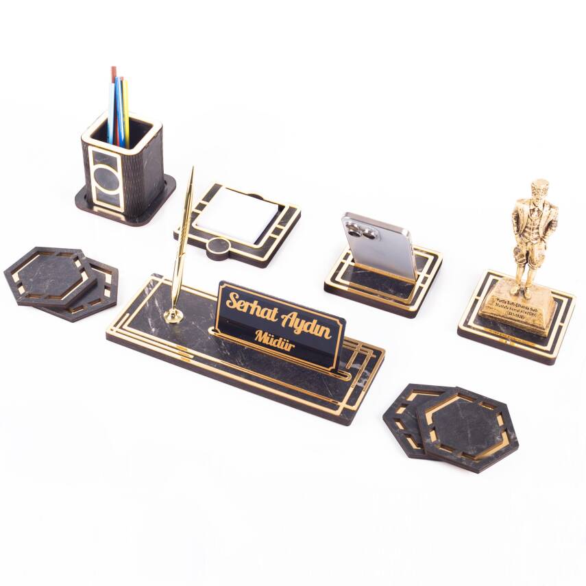 Space+ Atatürk Biblolu Gold Ahşap Masa İsimliği Seti Mermer Desenli Ofis Hediyesi Masa üstü İsimlik - 1