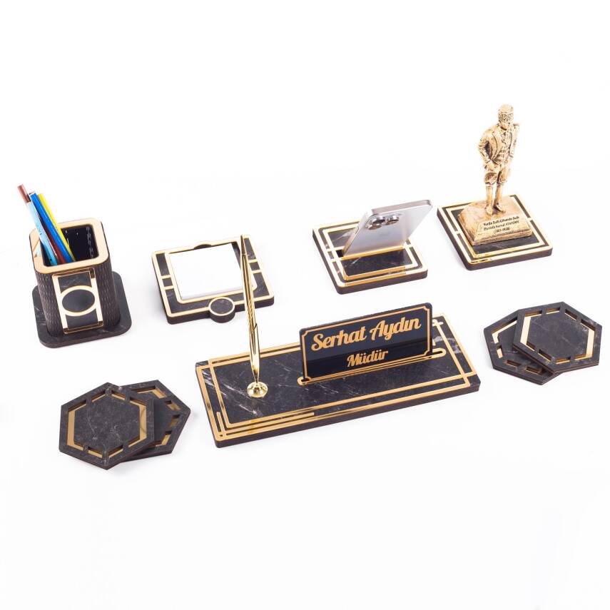 Space+ Atatürk Biblolu Gold Ahşap Masa İsimliği Seti Mermer Desenli Ofis Hediyesi Masa üstü İsimlik - 2