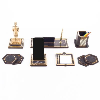 Space+ Atatürk Biblolu Gold Ahşap Masa İsimliği Seti Mermer Desenli Ofis Hediyesi Masa üstü İsimlik - 3