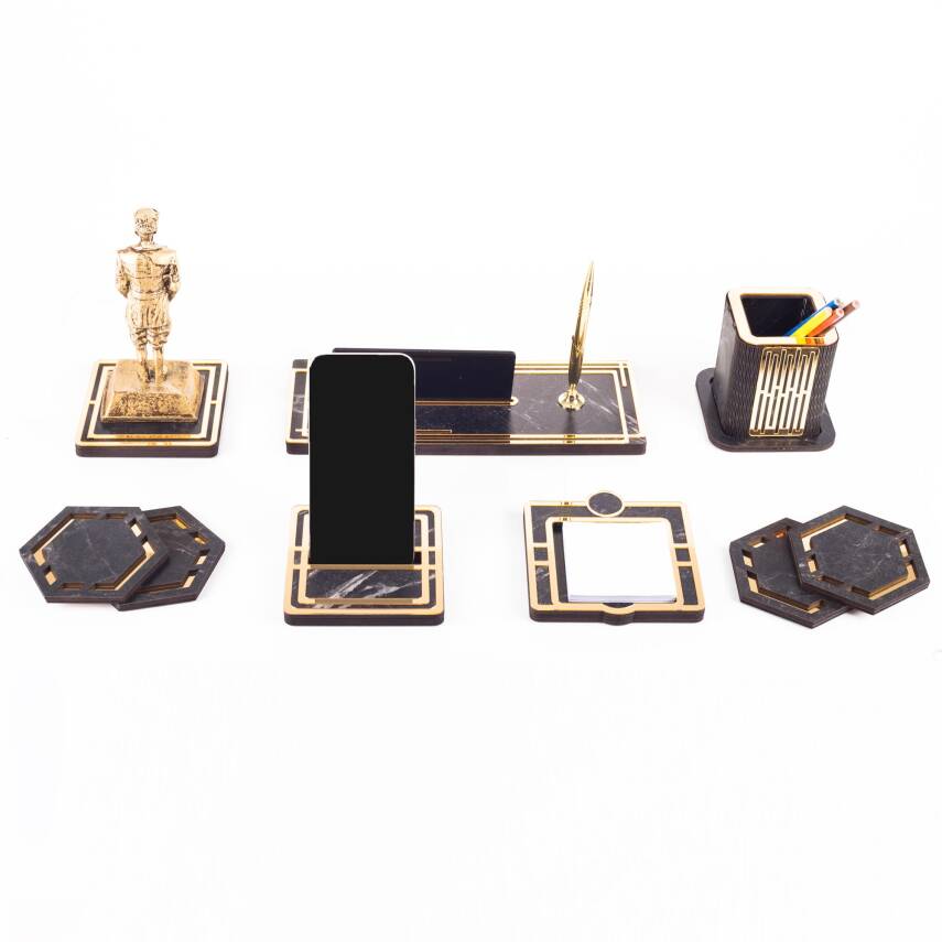 Space+ Atatürk Biblolu Gold Ahşap Masa İsimliği Seti Mermer Desenli Ofis Hediyesi Masa üstü İsimlik - 3