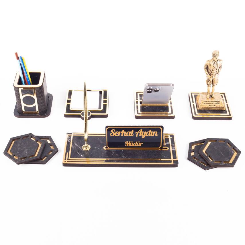 Space+ Atatürk Biblolu Gold Ahşap Masa İsimliği Seti Mermer Desenli Ofis Hediyesi Masa üstü İsimlik - 4