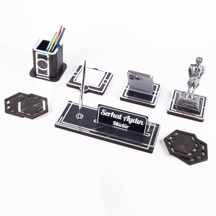 Space+ Atatürk Biblolu Gümüş Ahşap Masa İsimliği Seti Mermer Desenli Ofis Hediye Masa üstü İsimlik - 1